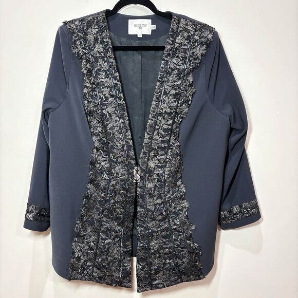 Louise Ricci Black Evening Jacket Women 22 Lace Ruffles Metallic Beaded Wedding - Picture 1 of 9